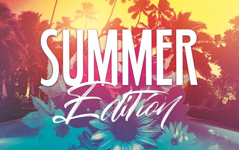 Summer vacation promotional banner with tropical palm trees and sunset background, emphasizing summer holiday marketing and travel deals for vacation planning.
