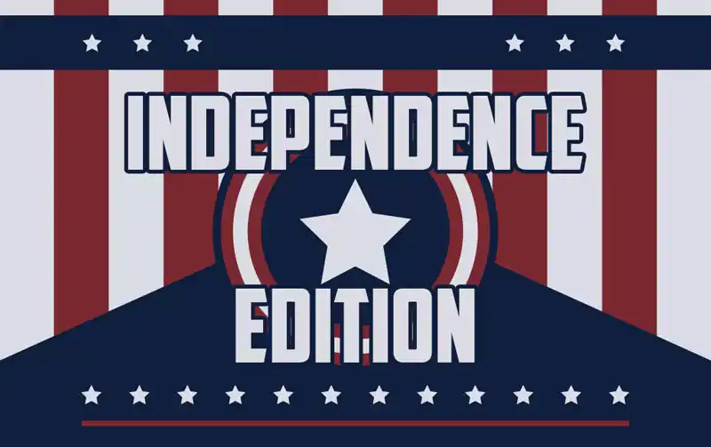 Independence Day celebration banner with patriotic stars and stripes, emphasizing American patriotism and independence.