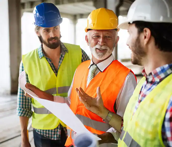 Blue hard hat construction workers discussing project plans on site.