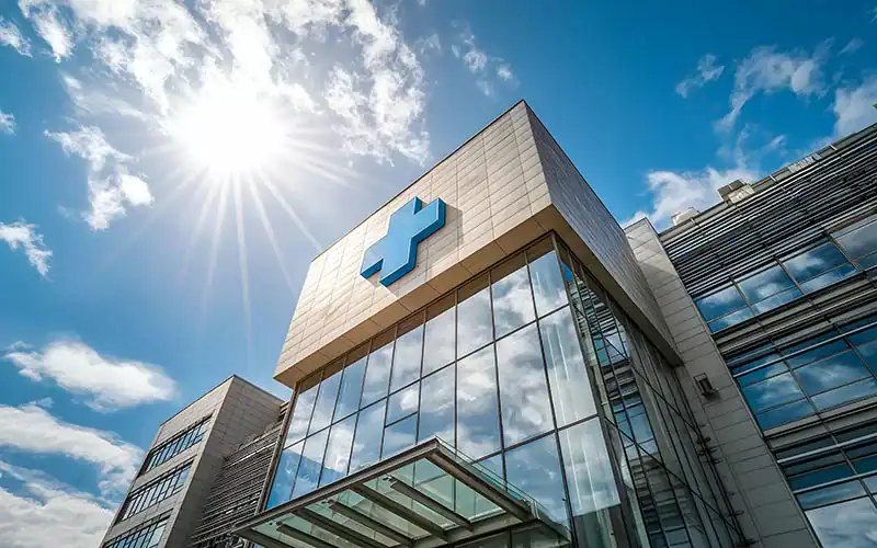 Modern hospital building with glass facade and blue medical cross symbol, representing healthcare services and hospital facilities.
