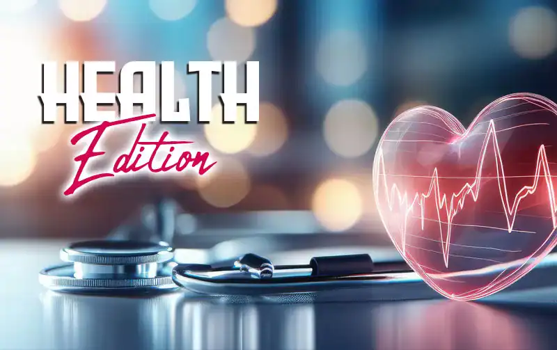 Health Edition concept featuring medical equipment and a digital heart with ECG line for healthcare marketing and promotional campaigns.