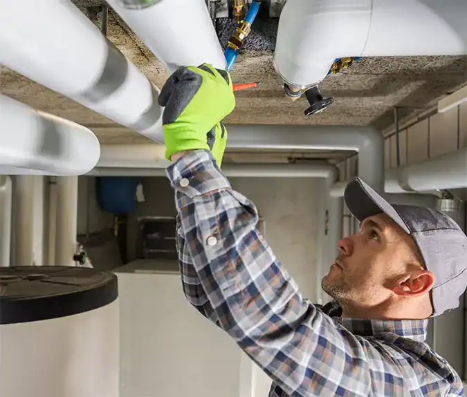 Clogged pipe repair technician installing plumbing pipes in a commercial building for water system maintenance.