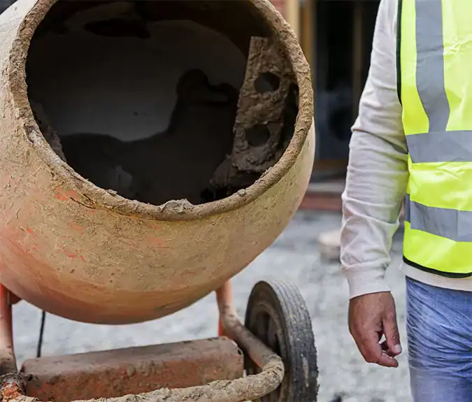 Concrete mixer at a construction site with a worker in a yellow safety vest.