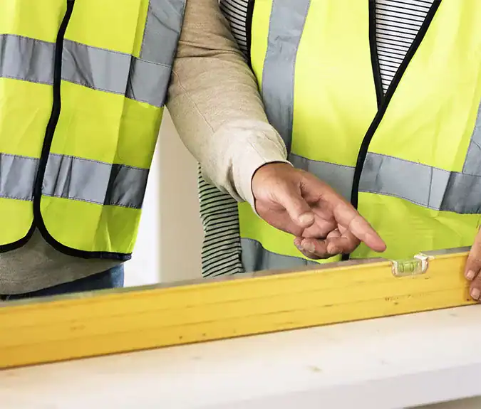 High-visibility safety vests worn by construction workers at a project site, emphasizing safety protocols and teamwork.