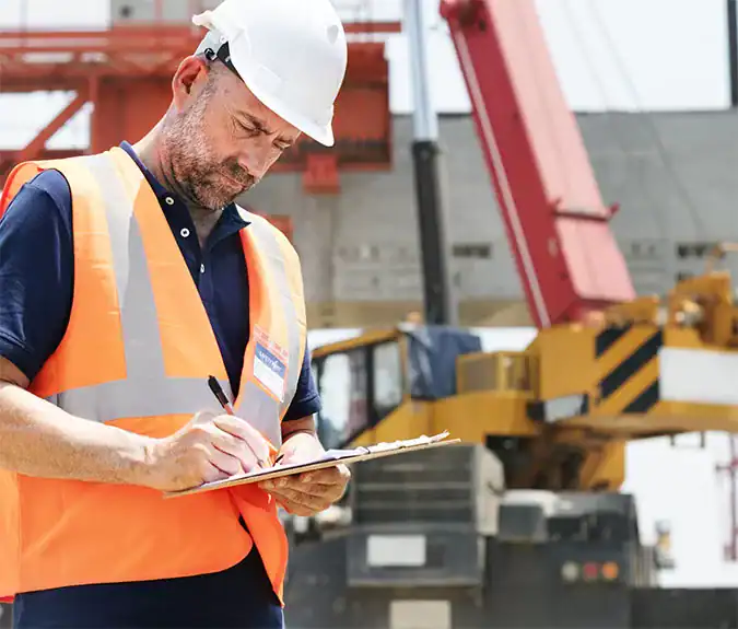 RMO Agency construction site worker inspecting plans, emphasizing project management and safety for building and renovation excellence.