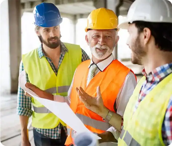 Construction team discussing project plans at a building site.